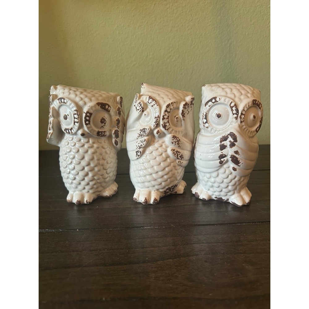 Farmhouse Ceramic Owl Figurines Rustic Distressed Home Decor
